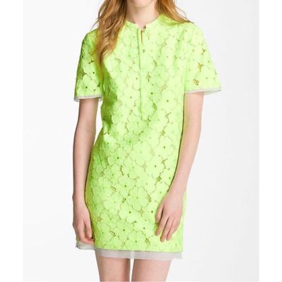 Diane Von Furstenberg Warner Flower Lace Dress Neon Green Silk Wool Mini Size 4 - Picture 2 of 15